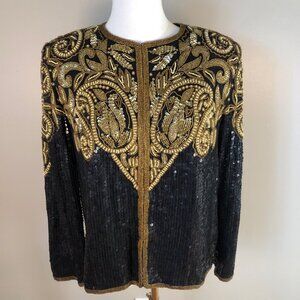 NWT Rina Z 100% Pure Silk Beaded Sequin Art Deco Paisley Retro Mod Jacket Size S